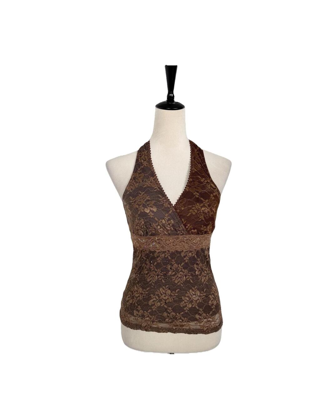 Outlooks Vintage Y2K Lace Sequin Halter Top Blouse Brown Fairy Size Medium